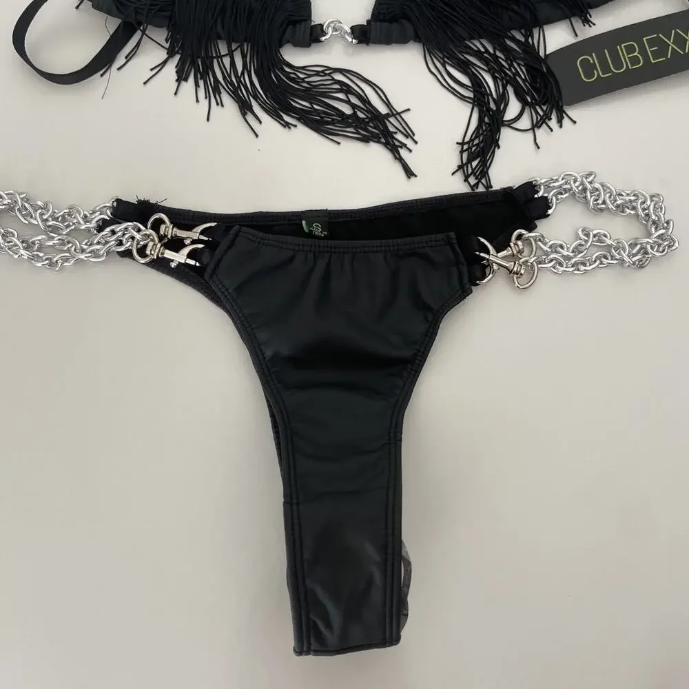NEW Dolls Kill Club EXX S Black Bikini Chain Closure Fringe Rave Two Piece Set